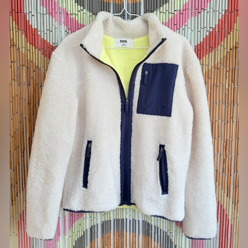 SOULCYCLE Sherpa Fleece Cream Shearling Tri-Tone Zip-Up Jacket